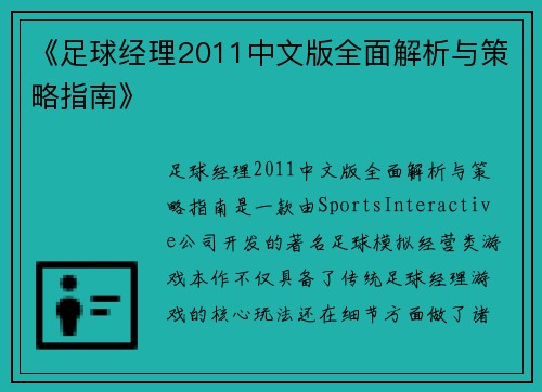 《足球经理2011中文版全面解析与策略指南》